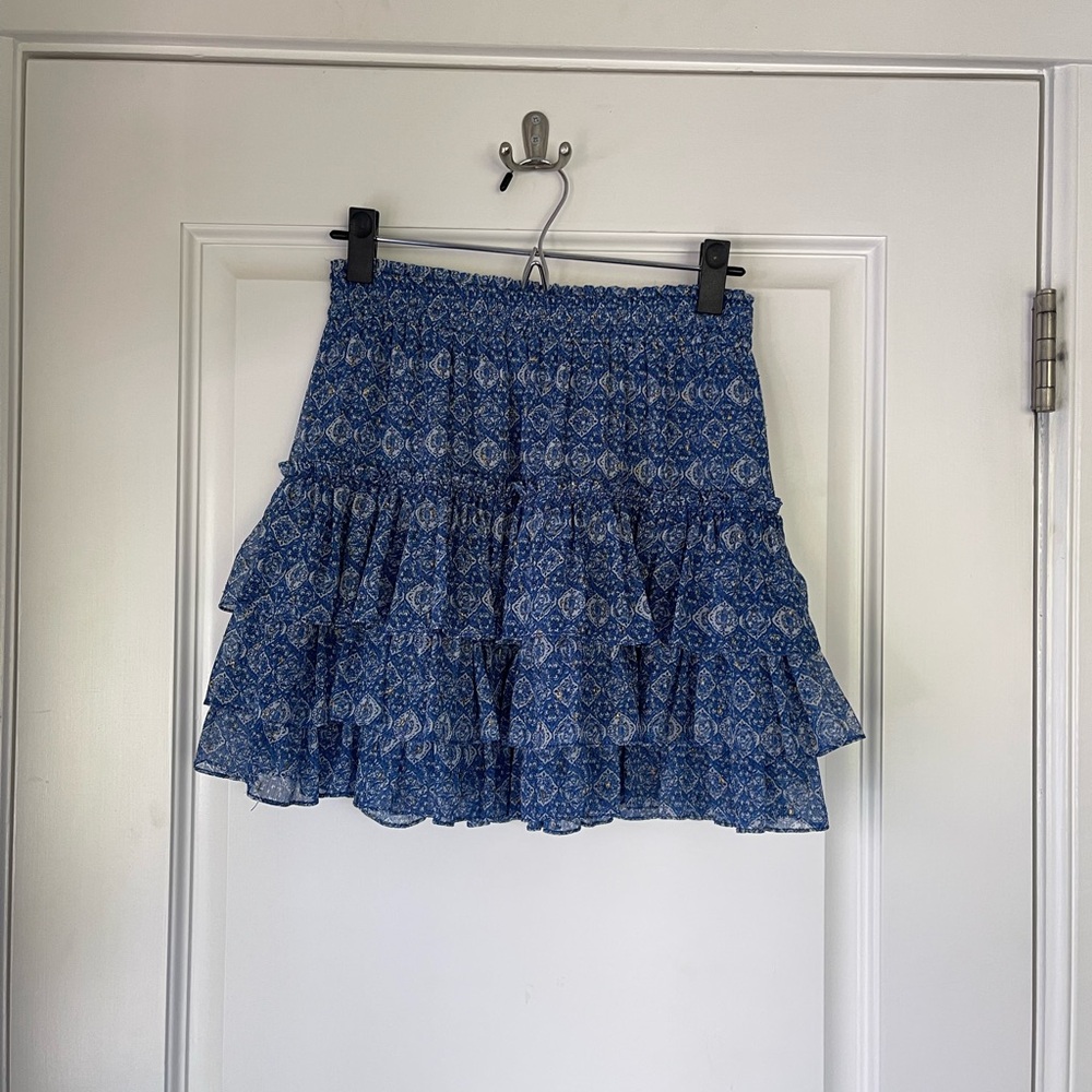 MISA Los Angeles Mini Skirt, "Marina Ruffle", Blue w Metallic Detailing, Sz Sm